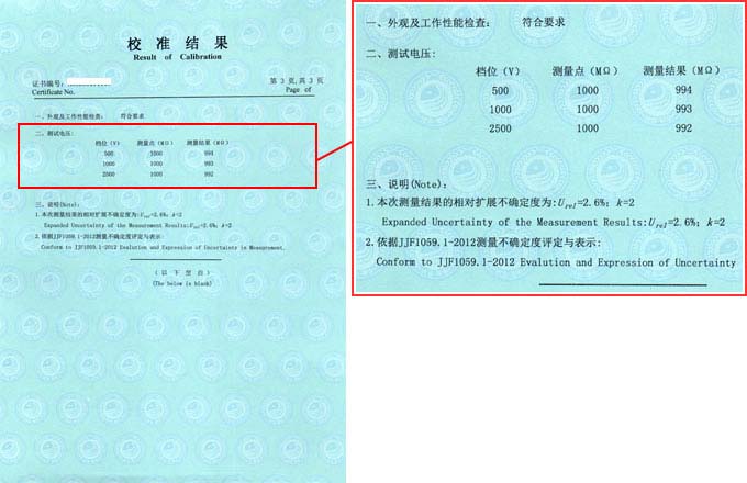 絕緣電阻測試儀校準(zhǔn)證書結(jié)果頁圖片